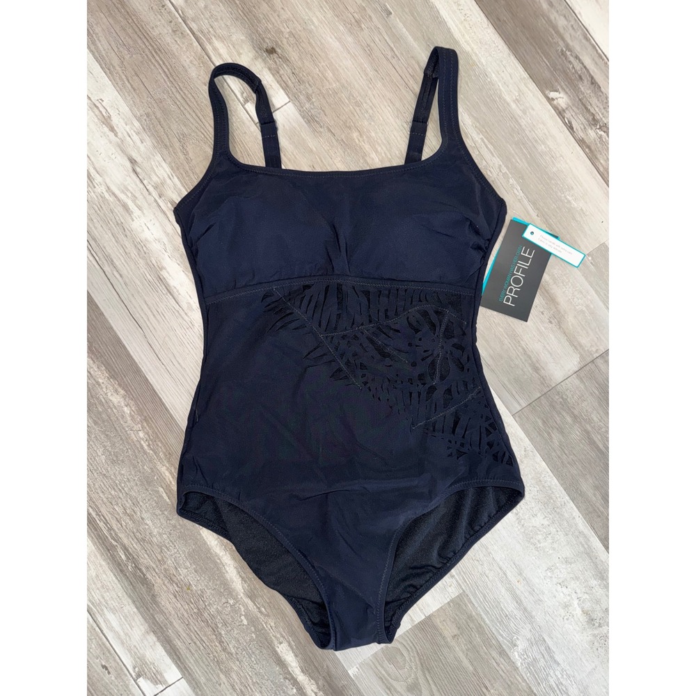 Profile by Gottex One Piece Swimsuit Women Black Laser Cut Palm Leaf 8 NEW